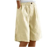 Keepink Short en lin pour femme - Longueur genou - Bermuda - Taille élastique - Short d'été baggy droit - Jambe large - Short long pour femme - Short de plage décontracté avec poches, 1 x beige, XL