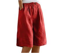 Keepink Short en lin pour femme - Longueur genou - Bermuda - Taille élastique - Short d'été baggy droit - Jambe large - Short long pour femme - Short de plage décontracté avec poches, 5 rouges., L