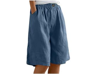 Keepink Short en lin pour femme - Longueur genou - Bermuda - Taille élastique - Short d'été baggy droit - Jambe large - Short long pour femme - Short de plage décontracté avec poches, 1 x bleu marine,