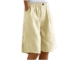 Keepink Short en lin pour femme - Longueur genou - Bermuda - Taille élastique - Short d'été baggy droit - Jambe large - Short long pour femme - Short de plage décontracté avec poches, 1 x beige, M
