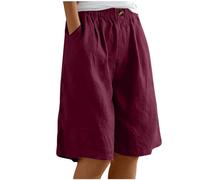 Keepink Short en lin pour femme - Longueur genou - Taille élastique - Pantalon court d'été ample - Jambe large - Pantalon long décontracté pour femme - Bas de plage décontracté avec poches, 2