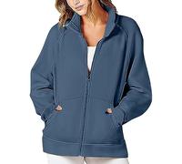 Keepink Veste pour femme avec fermeture éclair intégrale sans capuche, manches longues, coupe ample, couleur unie, cardigan décontracté avec poches, taille 36/44, 050 Bleu foncé, XL