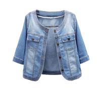 Keepink Vestes en jean boutonnées à manches courtes pour femme - Style décontracté - Extensible - Utilitaire - Veste de motard - Poches classiques - Boléro et boléros, 3 x bleu clair, 18
