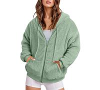 Keepink Vestes pour femme - Grande taille 36-50 - Manches longues - Fermeture éclair - Manteau d'hiver chaud en peluche - Hauts duveteux - Vestes en polaire pour loisirs - Cardigan court, 1 x vert, 36
