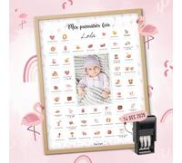 Keep'Love Affiche "Mes Premières Fois" à Tamponner, Cadeau de Naissance Bébé, Souvenir, Decoration Chambre Bebe, Cadre Photo Beige, Cadeau Jeune Maman, Grand Format A3 (Modèle FLAMANT ROSE)