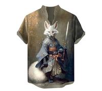 keepmore Chemise imprimée Chat Guerrier pour Hommes Chemise décontractée à col Montant Chemises à Manches Courtes T-Shirt imprimé en 3D d’été Décontracté Coupe régulière Boutonné Chemisier Haut
