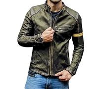 keepmore Giacca in Pelle nera da Uomo Vintage Cafe Racer Distressed Biker Con strisce gialle