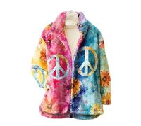 keepmore Veste vintage bohème en flanelle et sherpa pour femme fermeture à boutons imprimé floral 3D avec symbole de paix col montant manteau en polaire pour l'automne-hiver