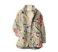 keepmore Veste vintage bohème en flanelle et sherpa pour femme fermeture à boutons imprimé floral 3D avec symbole de paix col montant manteau en polaire pour l'automne-hiver