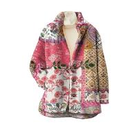 keepmore Veste vintage bohème en flanelle et sherpa pour femme fermeture à boutons imprimé floral 3D avec symbole de paix col montant manteau en polaire pour l'automne-hiver