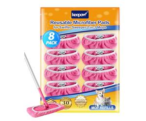 KEEPOW 8 pcs Recharges Réutilisables pour Swiffer Balai - Chiffons Roses, Compatibles avec Swiffer Lingettes Humides, Sec & Humide, Sac de Lavage Inclus - Nettoyage Efficace (Excluant Le Balai)