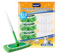 KEEPOW Lingettes Microfibres Réutilisables Compatibles avec Swiffer Balai, Ultra Absorbants pour Swiffer Recharge, Nettoyage Sec et Humide, 3 Verts + 3 Blancs (Excluant Le Balai)
