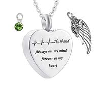 KeepSake for Ashes, Colliers en acier inoxydable Rolo Heart Electrocardiogramme Birthstone Wing Mari toujours dans mon esprit pour toujours dans mon cœur