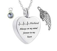 KeepSake for Ashes, Colliers en acier inoxydable Rolo Heart Electrocardiogramme Birthstone Wing Mari toujours dans mon esprit pour toujours dans mon cœur