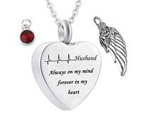 KeepSake for Ashes, Colliers en acier inoxydable Rolo Heart Electrocardiogramme Birthstone Wing Mari toujours dans mon esprit pour toujours dans mon cœur