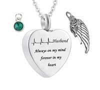 KeepSake for Ashes, Colliers en acier inoxydable Rolo Heart Electrocardiogramme Birthstone Wing Mari toujours dans mon esprit pour toujours dans mon cœur