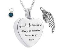 KeepSake for Ashes, Colliers en acier inoxydable Rolo Heart Electrocardiogramme Birthstone Wing Mari toujours dans mon esprit pour toujours dans mon cœur