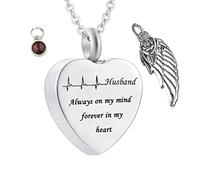 KeepSake for Ashes, Colliers en acier inoxydable Rolo Heart Electrocardiogramme Birthstone Wing Mari toujours dans mon esprit pour toujours dans mon cœur