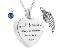 KeepSake for Ashes, Colliers en acier inoxydable Rolo Heart Electrocardiogramme Birthstone Wing Mari toujours dans mon esprit pour toujours dans mon cœur