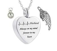 KeepSake for Ashes, Colliers en acier inoxydable Rolo Heart Electrocardiogramme Birthstone Wing Mari toujours dans mon esprit pour toujours dans mon cœur