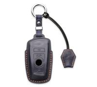 KEEPXYZ Étui de clé en cuir véritable pour BMW Série 1 2 3 4 5 6 7 X1 X3 X4 M2 M3 M4 M5 M6 GT3 GT5 5GT - Fait main - Avec porte-clés et cordon pour télécommande intelligente BMW 4 boutons - Bleu