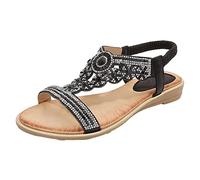 KEERADS Sandales d'été pour femme - Strass bohème - Creux - Couleur unie - Souple - Plat - Bout ouvert - Grandes et claquettes pour, Noir , 38 EU
