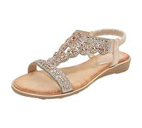 KEERADS Sandales d'été pour femme - Strass bohème - Creux - Couleur unie - Souple - Plat - Bout ouvert - Grandes et claquettes pour, or, 37 EU