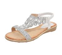 KEERADS Sandales d'été pour femme - Strass bohème - Creux - Couleur unie - Souple - Plat - Bout ouvert - Grandes et claquettes pour, argenté, 38 EU