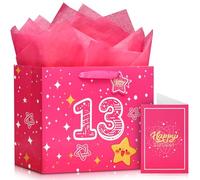KeerxunBag Sac cadeau d'anniversaire rose de 33 cm, contenant du papier fin et des cartes de vœux de fête, sac cadeau d'anniversaire pour fille de 13 ans