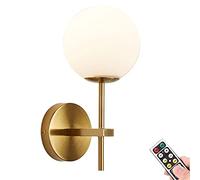 KEFA Applique murale alimentée par piles, globe en verre blanc, lampe murale dorée non câblée, style moderne du milieu du siècle, sans fil en laiton, pour chambre à coucher, salon, salle de bain,