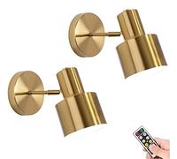 KEFA Lot de 2 appliques murales modernes à piles, sans fil, laiton doré, avec LED à intensité variable et télécommande, petite lampe murale sans fil pour salle de bain, commode, chambre à coucher,
