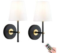 KEFA Rechargeable Battery Powered Wall Sconces Set Of 2, Battery Operated Cordless Wall Lighting Dimmable Led Remote Control,Wall Lamps with White Fabric Shade Lampshade for Living Room Hallway (Colo