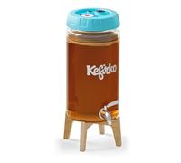 Kefirko Kombucha Fermenter Set de 4 l, support en bois et robinet de distribution en acier inoxydable, spécialement conçu pour la fabrication de kombucha, avec filtre à charbon intégré, thermomètre et