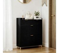 KEFSR Armoire de rangement pour chaussures moderne, armoire à chaussures blanche, commode en bois à 4 tiroirs avec poignées dorées, tiroir avec finition haute brillance pour chambre, salon, petites