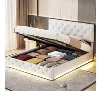 KEFSR Lit 160x200 avec Système de Levage à Gaz, Tête de Lit Capitonnée, Rangement Coffre, Éclairage LED et Cadre en Lin Blanc Cassé (Blanc Cassé-A, 160x200cm)