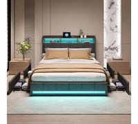 KEFSR Lit double 140 x 200 cm avec 4 tiroirs, tête de lit LED RVB réglable, ports USB/Type-C, tissu lin élégant, structure en métal résistant avec sommier à feuilles inclus (gris lin, 140 x 200)