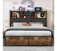 KEFSR Lit Double 140x200cm avec LED - Tête de lit à Deux Niveaux avec USB - Cadre en métal et Bois Robuste - 4 tiroirs spacieux - Lit avec rangements Fonctionnels (Tigré-C, 140x200cm)