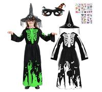 Kefyvbdj Déguisement Sorcière Fille Halloween, In The Dark Luminous Deguisement Squelette Fille, Costume de Squelette Filles, avec Chapeau Sorciere, autocollant, pour Halloween, Carnaval Cosplay(L)
