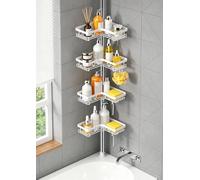 KEGII Étagère de Douche 4 Étages Blanc Brillant - Support Télescopique 63.5-290 cm Sans Percage, Organisateur de Salle de Bain avec Paniers à Crochets, Porte-Savon et Rasoir