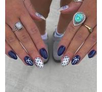 Kegiqipepu Faux Ongles à Presser, 24 Pièces, Courts en Forme Amande, Bleu Marine et Blanc à Pois avec Nœuds, Autocollants, pour le Quotidien, les Fêtes et les Mariages, avec Colle Jelly, Lime et