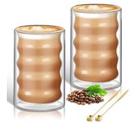 KEHTUNAHT Tasse à Café Double Paroi 2 x 400 ml Verre Double Paroi Latte Macchiato avec 2 Cuillère Tasses à Cappuccino Isolant Double Paroi Tasse en Verre Transparente pour Café Glacé Thé Lait Bière