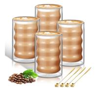 KEHTUNAHT Tasse à Café Double Paroi 4 x 400 ml Verre Double Paroi Latte Macchiato avec 4 Cuillère Tasses Cappuccino Résistantes à la Chaleur Tasse en Verre Transparente