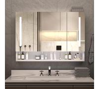 KEIKI Armoire à pharmacie de salle de bain avec miroir complet et lumières, 99 x 71 cm, miroir LED avec portes, compartiments de rangement cachés, étagère ouverte, armoire de salle de bain murale