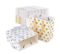 KEILEOHO Lot de 20 sac cadeau avec anse, 15 x 14 x 7 cm sachet cadeau, sacs en papier avec poignée, pour anniversaire, mariage, fête, blanc, argent, doré