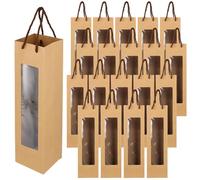 KEILEOHO Lot de 20 sacs cadeaux en papier kraft avec poignée et fenêtre - Sacs cadeaux pour bouteilles de vin - Pour mariage, anniversaire, fête, 35 x 9,5 x 9 cm