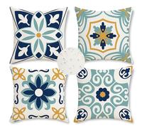 KEIROUTK Coussin Exterieur Impermeable Coussin Canape Housses de Coussin Lot de 4, Boho Floral Fleur Bleue Et Jaune Carré Taie d'oreiller pour Sofa Canapé Chambre Auto Chaise Domicile Décor 45x45cm