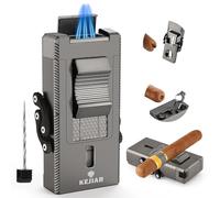 KEJIAR Allume-cigare avec flamme triple jet, briquet au butane rechargeable coupe-vent avec coupe-cigare en v, poinçon à cigare, porte-cigare, rehausseur de tirage de cigare 5 en 1, briquets torche ré