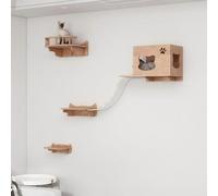KEJIAWU Étagères Murales for Chats avec Pont à Griffer - Chêne Massif, Meubles Muraux Modernes for Dormir, Jouer, Grimper et se Détendre(5PCS-A)