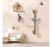 KEJIAWU Meubles for Chats en Bois Massif avec Marches Murales, Ensemble Mural d'escalade for Chat XXL, Étagères Élégantes for Grands Chats, Perchoir Mural et Hamac(6PCS)