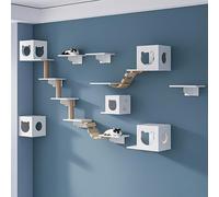 KEJIAWU Parcours Mural Chat, Arbre à Chat Mural en Bois, Meuble d’Escalade Multifonction avec Tunnel, Pont et Griffoir, Installation Facile, Gain de Place(17PCS)
